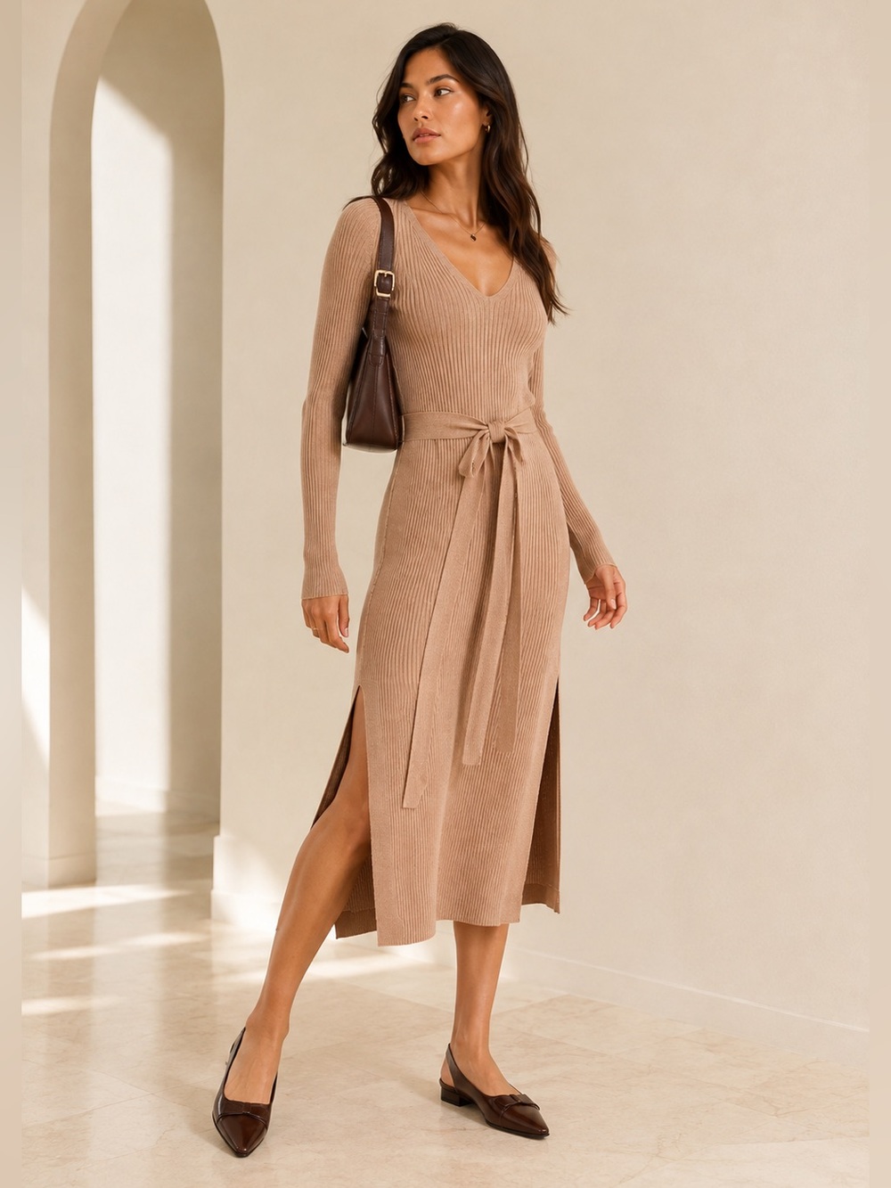 Mango Ribbed Knit Midi Dress Side Slit Belted Neutral Minimalist Size L
